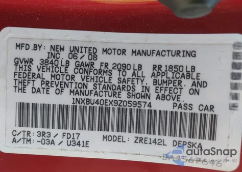 2009 Toyota Corolla S from USA, damaged, VIN 1NXBU40EX9Z059574